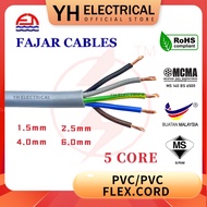 1.0mm 1.5mm 2.5mm 4mm x 5Core PVC/PVC FLEXIBLE CABLE (Grey) Pure Copper Cable 300/500V Kabel Sirim wire Lima core