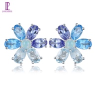 Lohaspie Jewelry Real 3 Carats Silver Earrings 925 Original Natural Opal Tanzanite Topaz Stud Earrin
