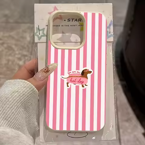 Pink Striped Hot Dog Dachshund Lychee Phone Case for Samsung S26 S25 S24 S23 S22 S21 S20 Note20 Ultr