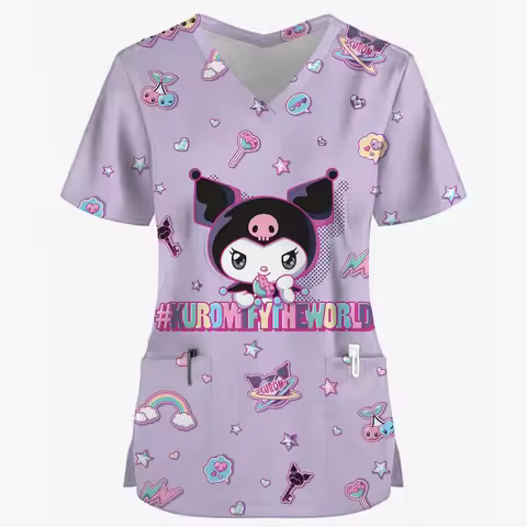 Hello Kitty Uniform Women's Cartoon Hello Kitty Print Nurse Work Shirt Pocket Gown Christmas Healthc