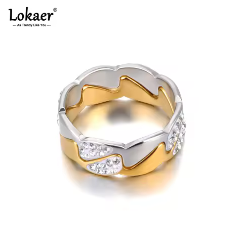Lokaer 316L Stainless Steel 2Pcs Simple Rhinestone Twisted Couple's Ring 18K Gold Plated Cubic Zirco