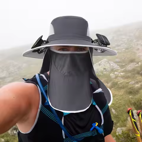 Solar Fan Hat Wide Brim Sun Hat With 2 Solar Fan UV Protection Bucket Hat With Neck Flap Face Guard