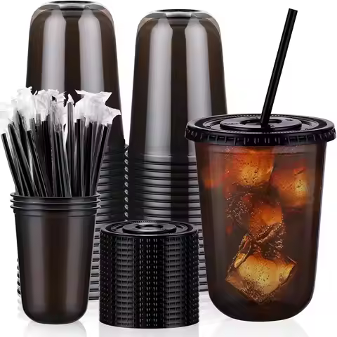 50 Set 16oz Black Plastic Cups with Lids & Straws, Disposable Iced Coffee Cup with Lid, Round Bottom