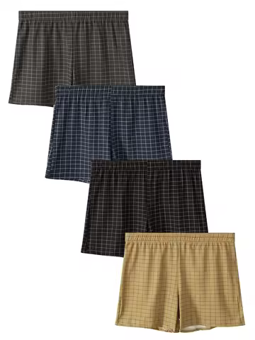 4-Pack Men's Aloha Shorts: Plaid Fashion Style, Pure Cotton for Breathability & Skin-Friendliness, C