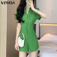 VONDA Playsuits ปกแขนพองลำลองผู้หญิง Jumpsuits ขากว้างหลวมสีพื้น (ลำลองเกาหลี)