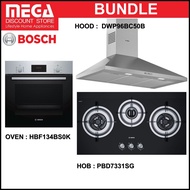 BOSCH BUNDLE DWP96BC50B 90CM HOOD &amp; PBD7331SG 78CM GAS HOB &amp; HBF134BS0K BUILT-IN OVEN