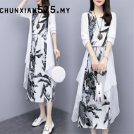 JS Women's Clothing Medium - long print dress art cotton linen two - piece match Plus Size Dress Lab