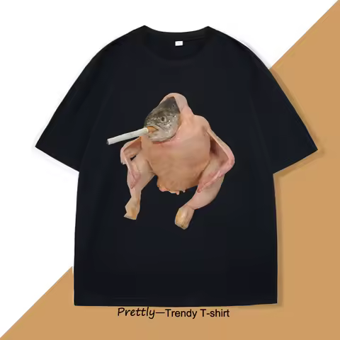 HD Fish Chicken Smoking A Cigarette T-shirt Funny Meme Graphic Print Tshirt Casual Cotton Short Slee