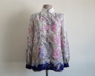 復古 80 年代印花雪紡襯衫 白色 粉色 長袖 鈕釦襯衫 XS