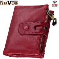 Novco Men's RFID Blocking Vintage Soft 100% Genuine Crazy Horse Leather ID Window Zipper Pocket Bifold Wallet Double Zipper Cards Holder Coins Money Purse Male Clutch Bags