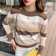 Women's Sweater Long Sleeve Round Neck Loose Stripe Thin Bottom Shirt Korean Fashion Inner Tops 8800
