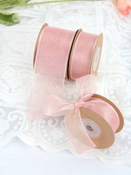1捲1.5英寸寬絲帶,長354英寸,粉紅色透明薄紗絲帶,用於花卉禮物包裝、情人節、婚禮、假日、花束、蛋糕裝飾、蝴蝶結和絲帶