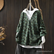 Taiwan Shipping Knitted Jacket Women Leaf Printed V-Neck Cotton Thread Cardigan Loose Autumn Retro C