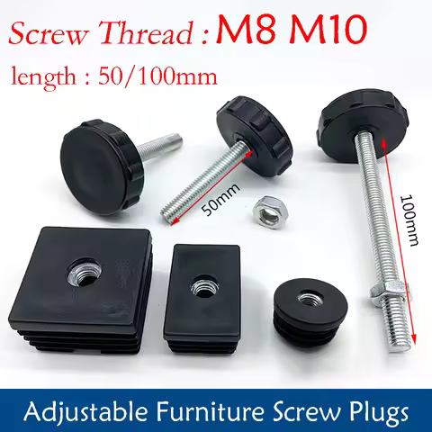1-10Pcs Table Leg Plug With Nut and Adjustable Feet M8/M0x50/100mm Black Square/Round Furniture Rack
