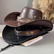 Vintage Western Cowboy Hat Ox Head Belt Rivet Fedora Hats For Men Women Outdoor Travel Wide E9e4