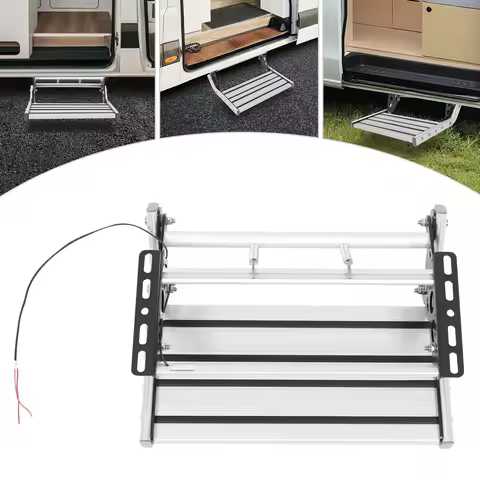 Folding RV Step Silver Aluminum Alloy 44cm RV Camper Step with 12V LED Light Manual RV Step 150kg Lo
