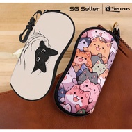 [SG SELLER] Cat Pattern Sunglasses Pouch, Nylon Storage Bag Solid Color Portable Case with Keyring C