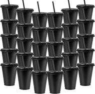 Pack of 30 Black Plastic Cups with Lids and Straws, 450 ml/16 oz Drinking Cups for Kids, Reusable To