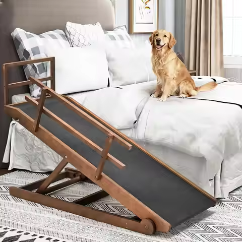 Brown Folding Adjustable Pet Ramp for High Beds & Couches, 63 Inch 5 Height Levels 15.7"–31.4" Dog R
