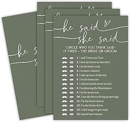 EXW Bridal Shower Game Cards, He Said She Said, Minimalism Green Engagement Party Cards, Newlyweds P
