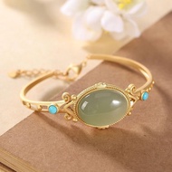 Original S925Pure Silver Gilded Hetian Jade Qing Jade Turquoise Vintage Classical Chinese Style High