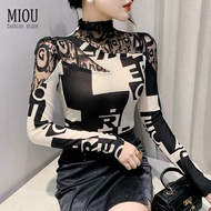 MIOU 2023 Autumn/Winter New Korean Edition Lace Printing Fashion Small Shirt Long Sleeve Women's Top Simple and Versatile Trendy 3XL Elastic Large T-shirt