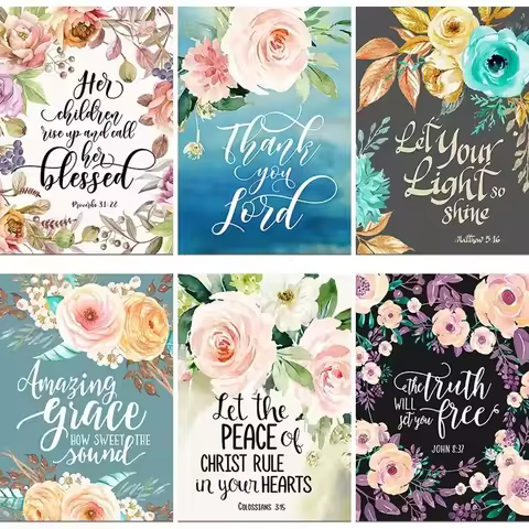 5D Diamond Painting Bible Verses Poster Motivational Christian Art Peony Flowers Blessed Quotes Pict