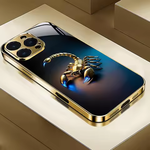 Cool Golden Scorpion Pattern Gold Metallic Paint Glass Phone Case For iPhone 17 16 15 14 13 12 11 Pr