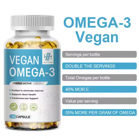 1200mg Vegan OVEGA-3 Plant-Based Omega-3 from Algal Oil Daily Supplement, Rich DHA & EPA, Supports B