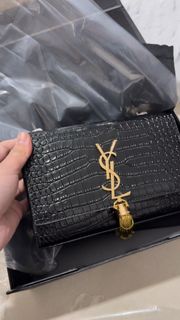 香港順豐包郵 YSL 信封WOC流蘇包 黑金小號20cm 牛皮鱷魚紋 全套原裝配件