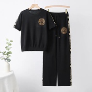 4O8G7 VERSACE118 2025 New Product Diamond Stitching Webbing Knit Short-Sleeved Straight Trousers Two