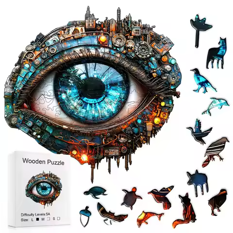 Steampunk Mechanical Eye Wooden Jigsaw Puzzle, Unique Irregular Shape Puzzle, Cool Cyberpunk City Ey