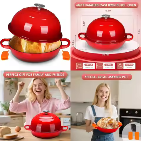 Non-Stick Dome-Shaped 6qt Enamel Cast Iron Dutch Oven for Bread Baking, Pot with Lid and Silicone Ha