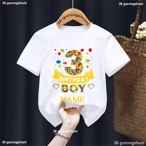 New Building Block Birthday Boy T-Shirt, Personalized Name Brick Game Birthday Outfit for Kids, Summ