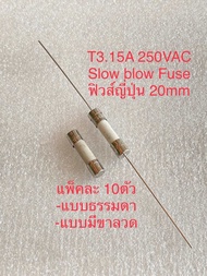 (แพ็ค10ชิ้น) Slow blow Fuse T3.15A 250VAC T3.15AH 250VAC 20mm แบบธรรมดา แบบหางหนูมีขาลวด ฟิวส์กระเบื