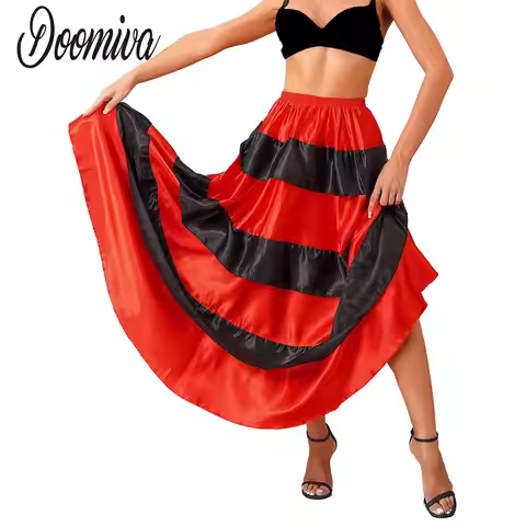 Women Ballroom Twirling Ruffle Full Spanish Bull Long Skirts for Flamenco Belly Dance Swing Maxi Ski