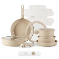 [Official] CAROTE 12/15pcs Pots and Pans Set, Ceramic Cookware Set Detachable Handle,Taupe/ Cream Wh