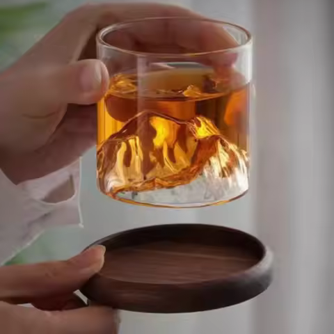 Japanese 3D Mountain Whiskey Glass Glacier Vintage Whiskey Rock Glass Whiskey Glass Wooden Gift Box 
