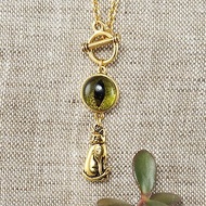 Olive Green Glass Cat Eye Evil Eye Gold Cat Kitten Protection Necklace Jewelry