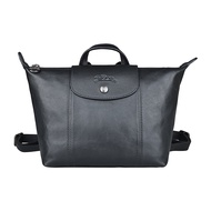 【LONGCHAMP】 LE PLIAGE CUIR奔馬壓印LOGO梅蒂斯羊皮拉鍊後背水餃包(黑)#新春精品