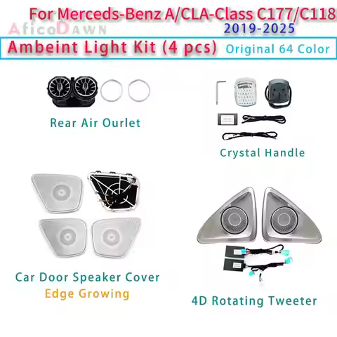 64-Color Rear Turbine Air Vent 4D Rotating Tweeter Ambient Light Kit 4pcs for Mercedes Benz A/B/CLA/