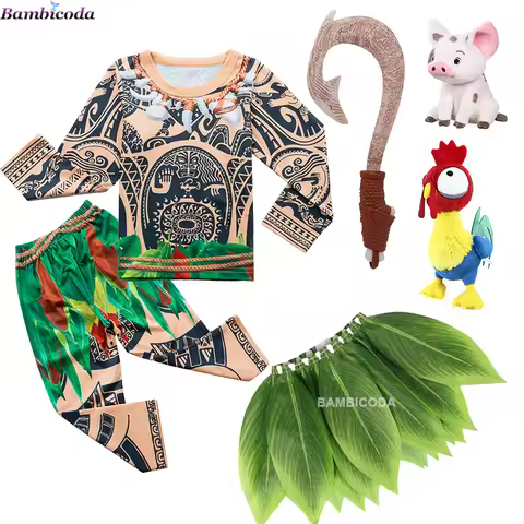 Boys Costume 3D Totem Printing Maui Moana Cosplay Long Sleeve Top Trousers Set Halloween Carnival Pa