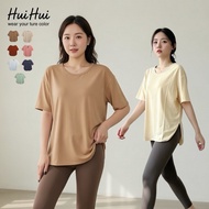 Korean Style Cool Feeling Solid Color Short Sleeve T-Shirt Women Loose Versatile U-Neck Top Slit Des