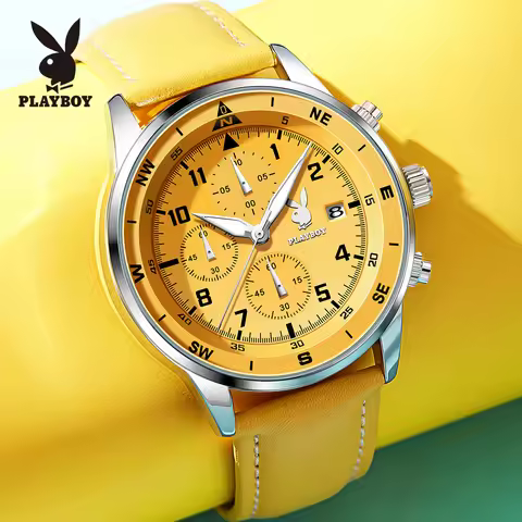 PLAYBOY Watches Men Multifunctional Chronograph Watches For Men Leather Strap Waterproof Luminous Sp