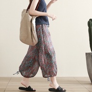 Vintage Ramie Print Slim Fit Wide Leg Pants Harlem Style