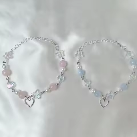 2PCS handmade matching pink & blue beaded bracelet