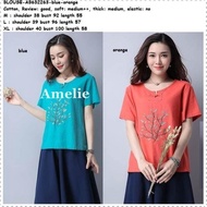 Baju Atasan Katun Lengan Pendek Blouse Wanita Korea Import Orange Blue
