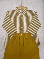 Oneset WanitaTerbaru Setelan Kemeja Garis Celana Kulot Crinkle