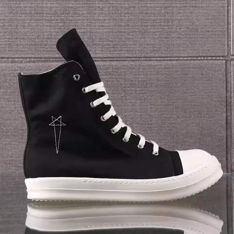 24ss Designer Brand Rick Canvas Shoes Pentagram Embroidery Owens Shoes For Women Lace-up White High-