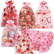 HRX Package 50pcs Organza Bags Heart Pattern, 4x6 inch Small Valentine Gift Bags Mesh Candy Jewelry 